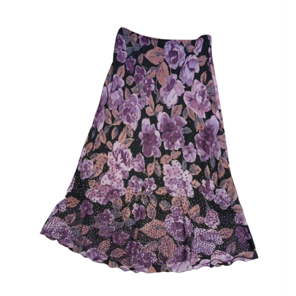 Y2k La Belle A-Line Skirt in Purple and Pink Floral Sz 1 Or S